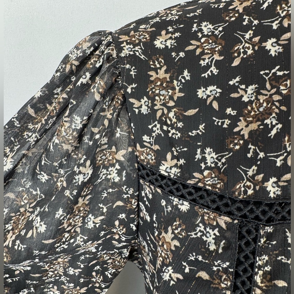 Aqua Ditsy Floral Black Dress Ruffle High Neck Embroidery Small Whimsigoth Boho - Picture 11 of 16